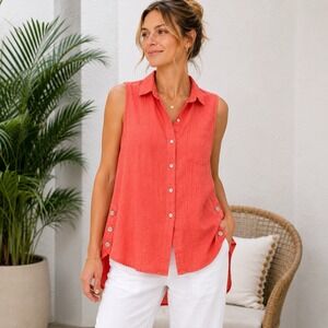 J Jill Love Linen Shirt Med Coral Sleeveless Button Up High Low - SEE DESCRIPTIO